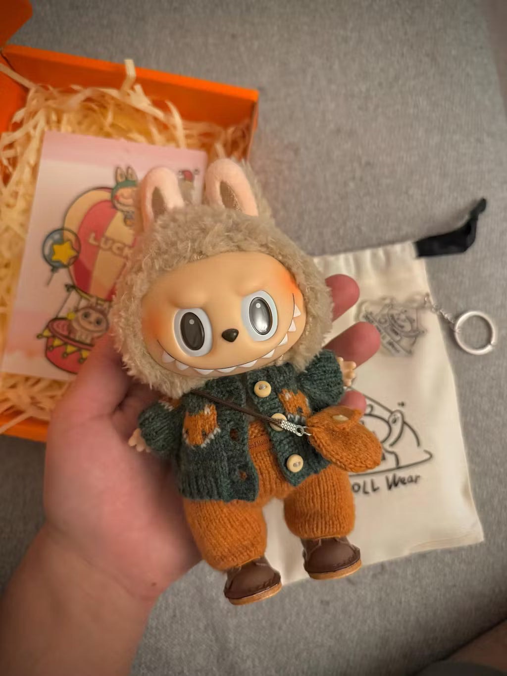 Labubu Clothes, Handmade Fox Knit, Handmade Sweater & Overalls Set, Cottagecore Labubu Outfits for 15/17cm Doll