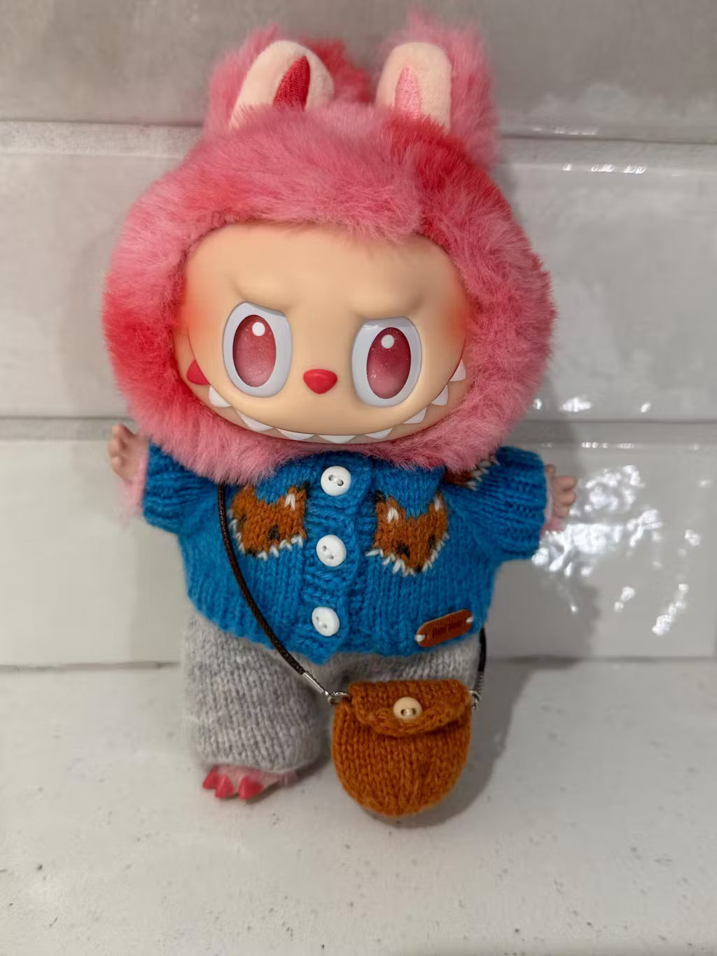 Labubu Clothes, Handmade Fox Knit, Handmade Sweater & Overalls Set, Cottagecore Labubu Outfits for 15/17cm Doll