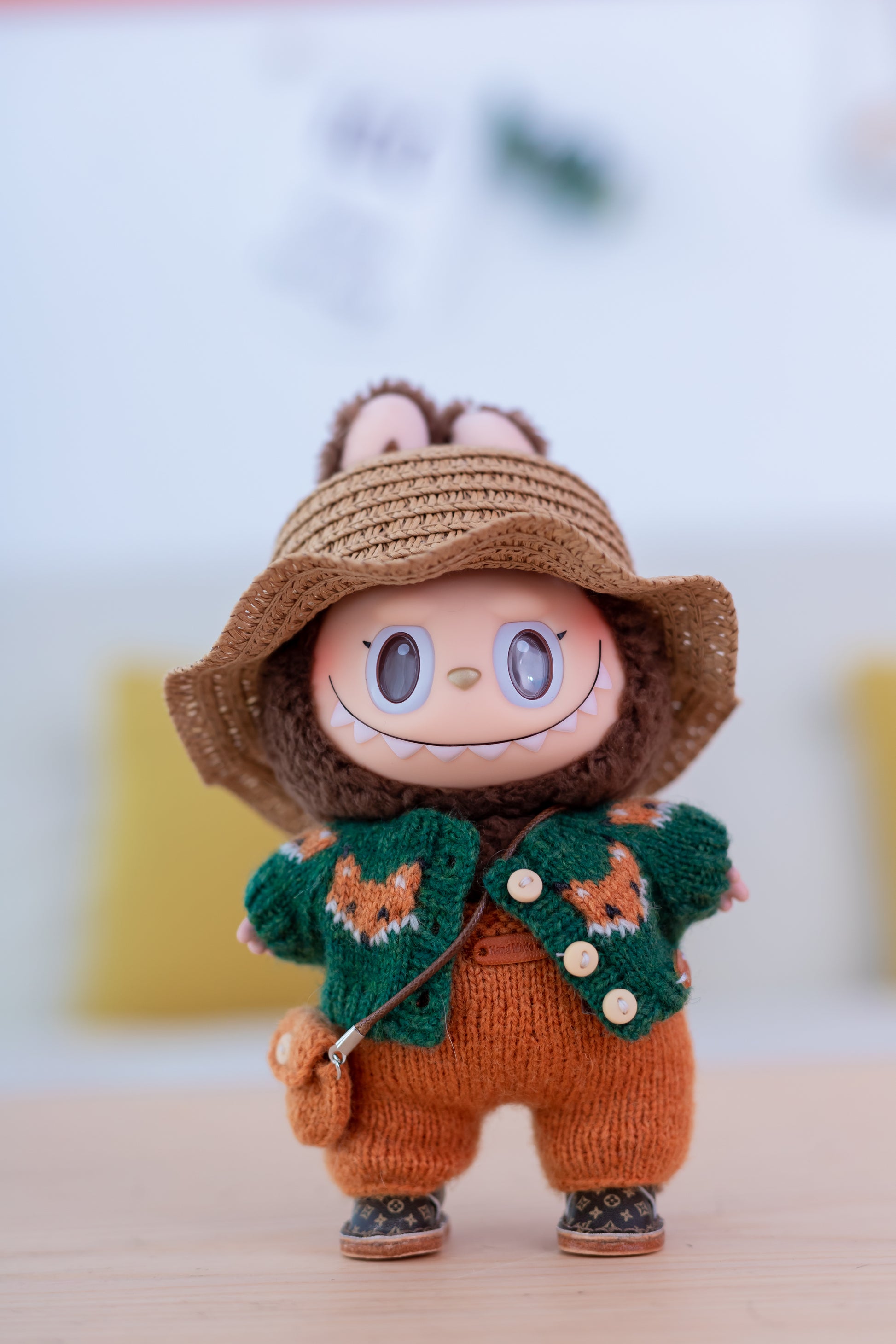 Labubu Clothes, Handmade Fox Knit, Handmade Sweater & Overalls Set, Cottagecore Labubu Outfits for 15/17cm Doll