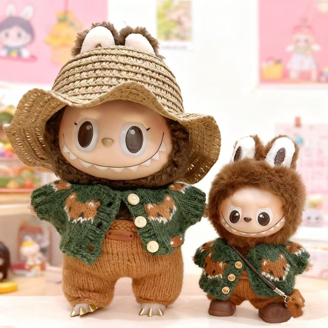 Labubu Clothes, Handmade Fox Knit, Handmade Sweater & Overalls Set, Cottagecore Labubu Outfits for 15/17cm Doll