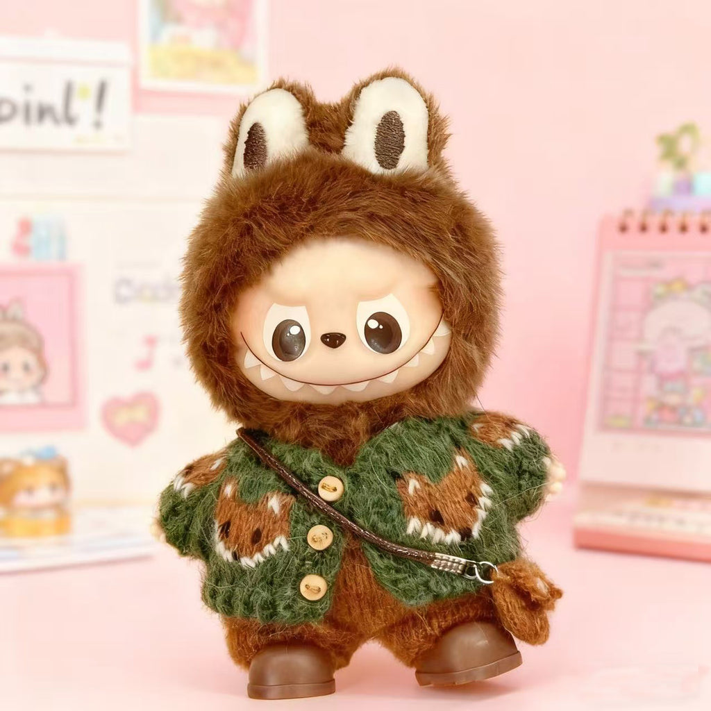 Labubu Clothes, Handmade Fox Knit, Handmade Sweater & Overalls Set, Cottagecore Labubu Outfits for 15/17cm Doll