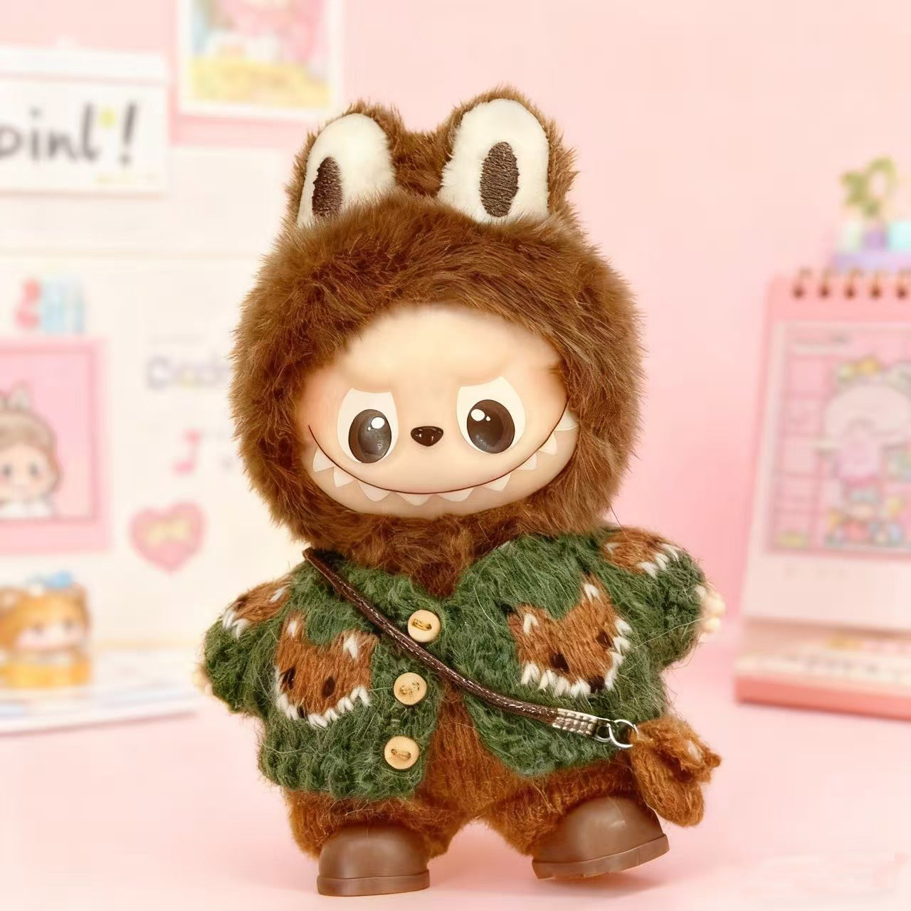 Labubu Clothes, Handmade Fox Knit, Handmade Sweater & Overalls Set, Cottagecore Labubu Outfits for 15/17cm Doll