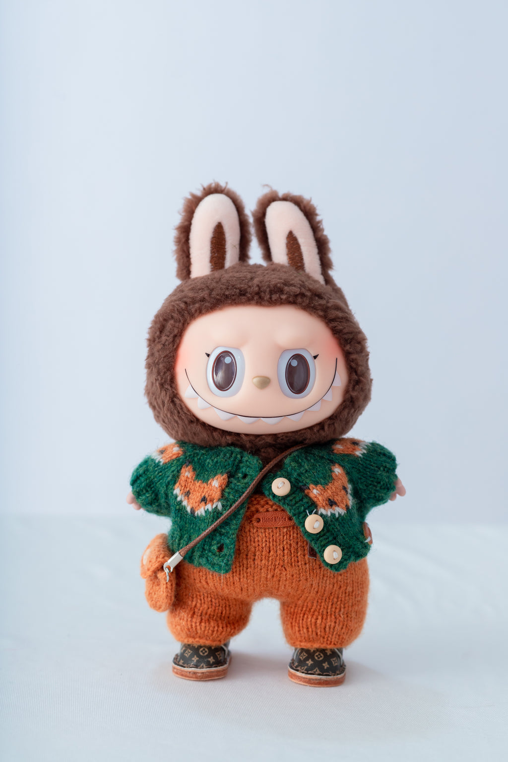 Labubu Clothes, Handmade Fox Knit, Handmade Sweater & Overalls Set, Cottagecore Labubu Outfits for 15/17cm Doll