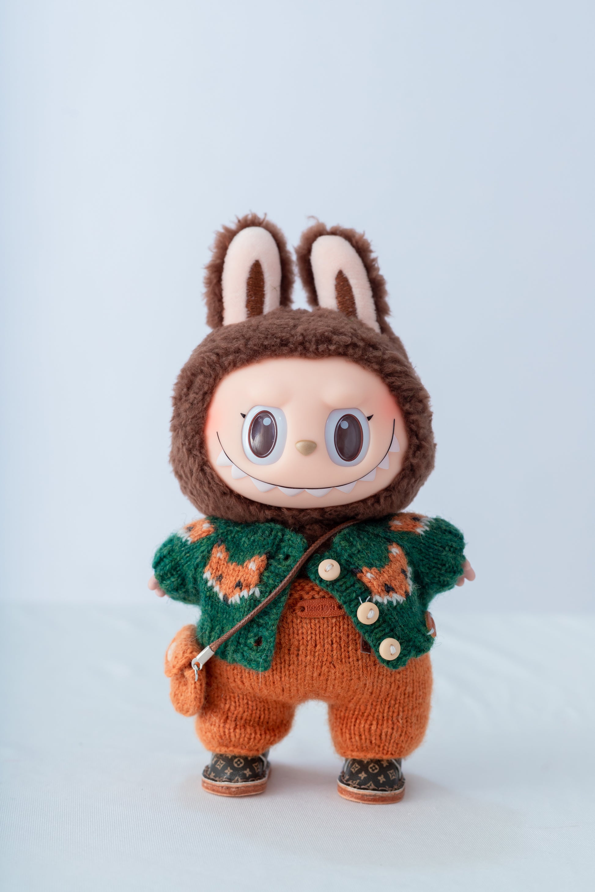 Labubu Clothes, Handmade Fox Knit, Handmade Sweater & Overalls Set, Cottagecore Labubu Outfits for 15/17cm Doll