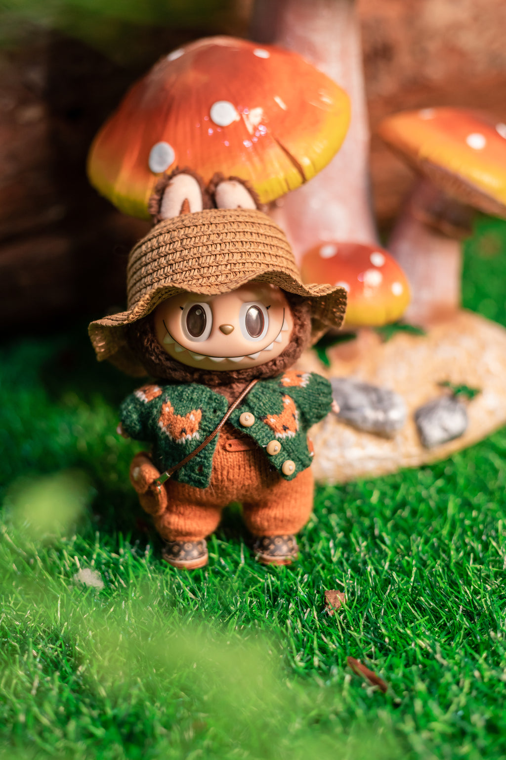 Labubu Clothes, Handmade Fox Knit, Handmade Sweater & Overalls Set, Cottagecore Labubu Outfits for 15/17cm Doll