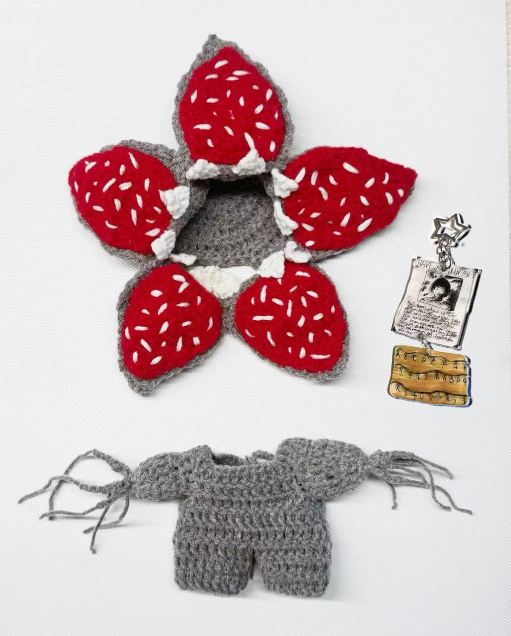 Crochet BuBu Outfit Demogorgon Stranger Things Doll Clothes for 15-17cm, Handmade knit Suit Charm 3-Piece Set