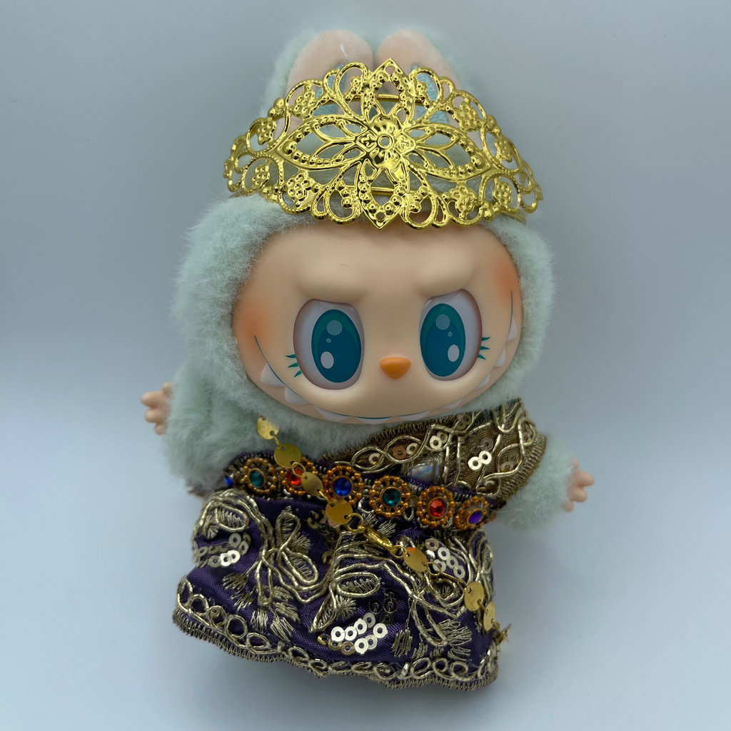 "Sultan's Treasure" Genie Outfit for Labubu Doll - 3pc Royal Set with Crown & Jewels (17cm)