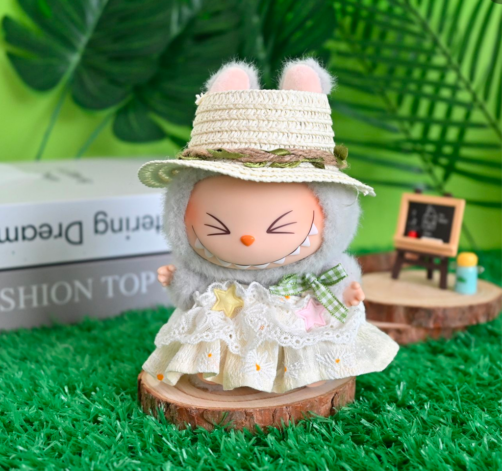"Daisy Meadow" Dress & Hat Set for Labubu Doll - 2pc Country Style Outfit (17cm)