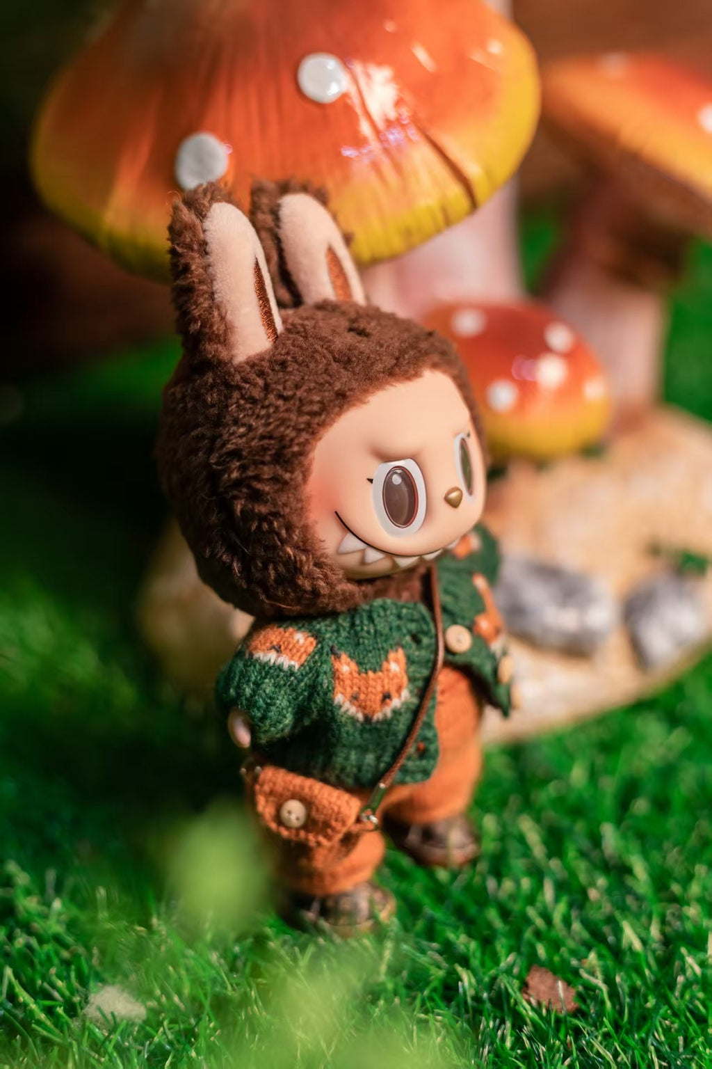 Labubu Clothes, Handmade Fox Knit, Handmade Sweater & Overalls Set, Cottagecore Labubu Outfits for 15/17cm Doll