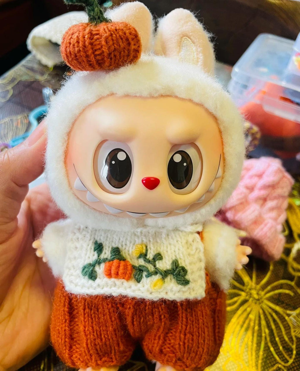 Handmade Halloween Pumpkin Knitting Labubu Clothes, Pumpkin Outfit with Hand Embroidery, fit for 15/17cm Labubu Outfits