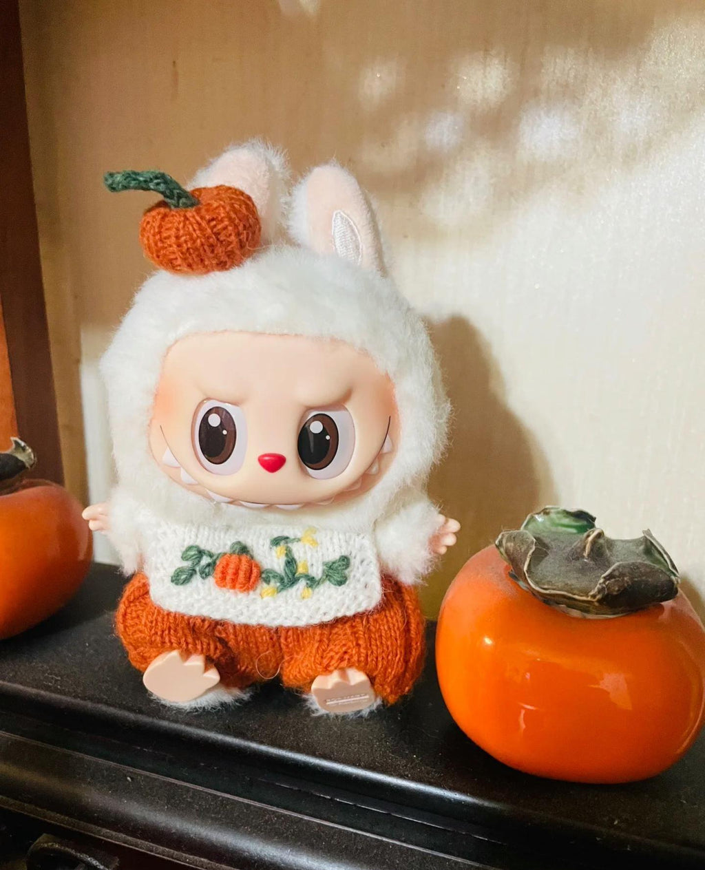 Handmade Halloween Pumpkin Knitting Labubu Clothes, Pumpkin Outfit with Hand Embroidery, fit for 15/17cm Labubu Outfits