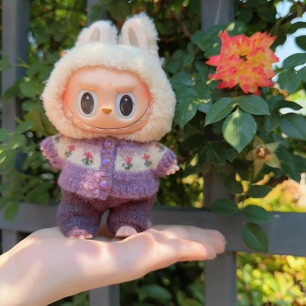 Labubu Clothes, Handmade Vintage Floral Knit, Hand-Knit Cardigan Set, Cottagecore Labubu Outfits for 15/17cm Doll