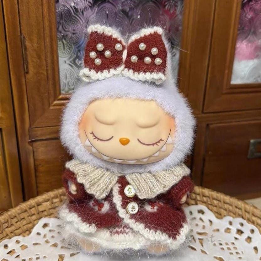 Handmade Labubu Clothes, Holiday Pearl Labubu Set, Hand-Knit Elegant Bow Set, Christmas Labubu Outfits for 15/17cm Doll