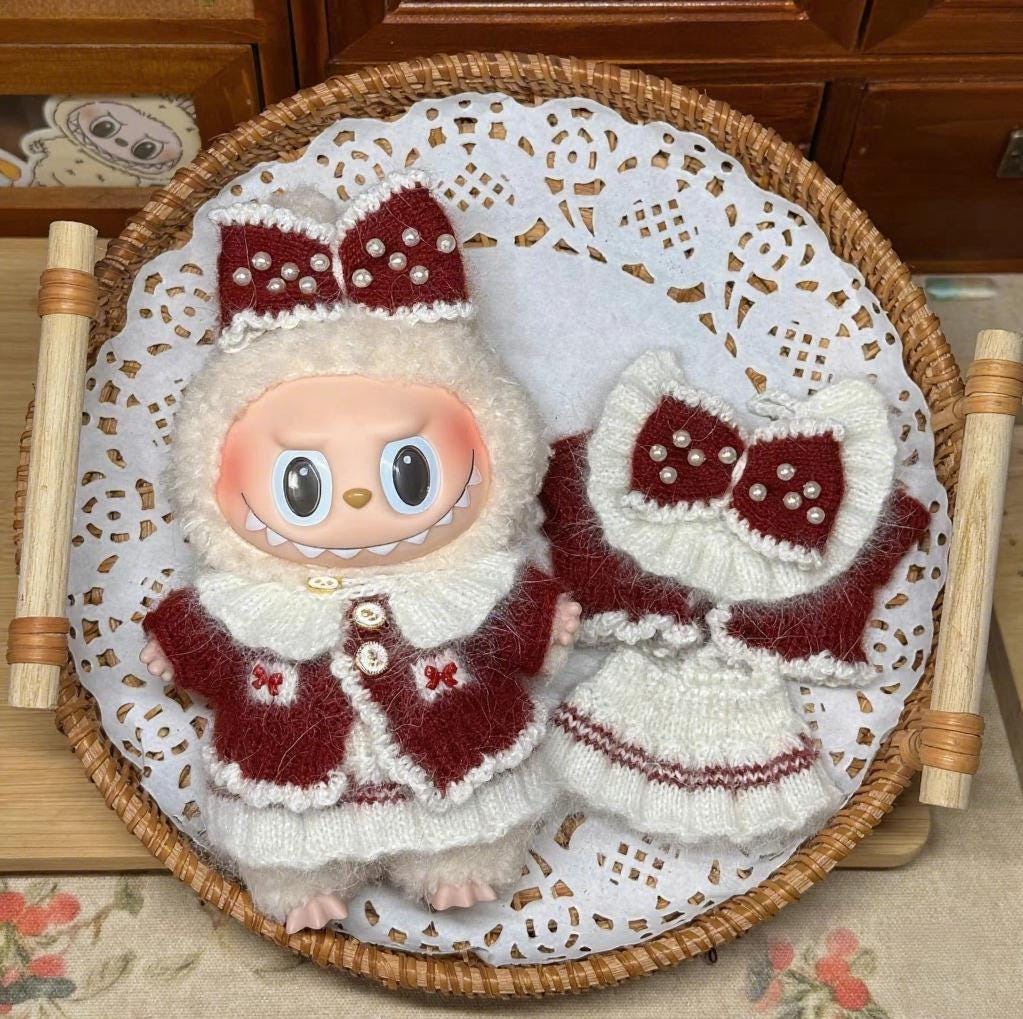 Handmade Labubu Clothes, Holiday Pearl Labubu Set, Hand-Knit Elegant Bow Set, Christmas Labubu Outfits for 15/17cm Doll