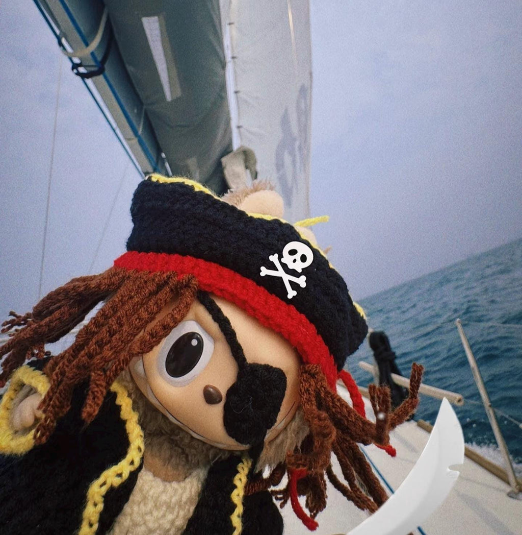 Labubu Clothes, Handmade Pirate Labubu Outfits, Artisan Crochet Captain Outfit, Tricorn Hat & Eye Patch Set for 15/17cm Labubu, 8 pcs set