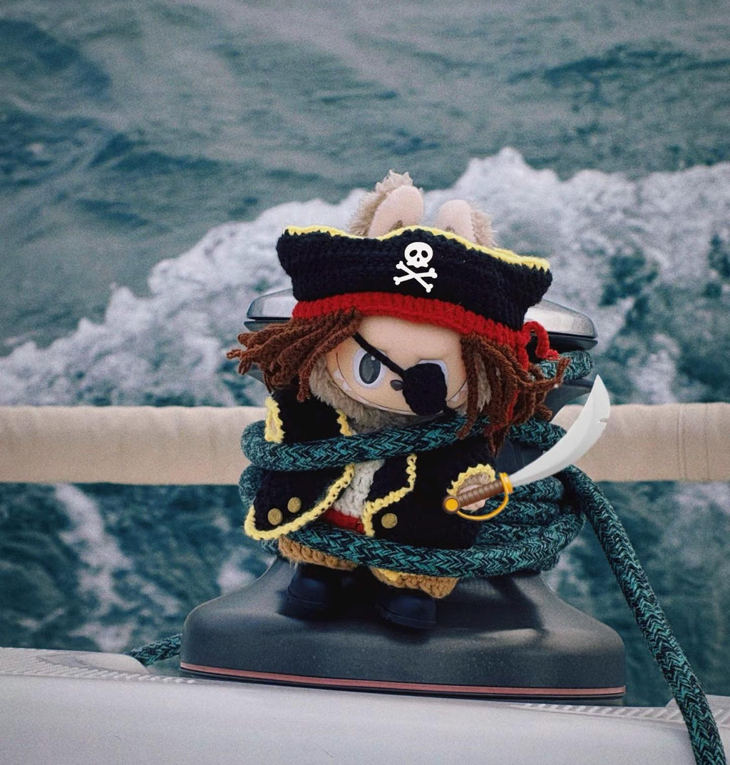 Labubu Clothes, Handmade Pirate Labubu Outfits, Artisan Crochet Captain Outfit, Tricorn Hat & Eye Patch Set for 15/17cm Labubu, 8 pcs set