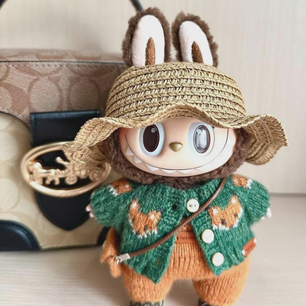 Labubu Clothes, Handmade Fox Knit, Handmade Sweater & Overalls Set, Cottagecore Labubu Outfits for 15/17cm Doll