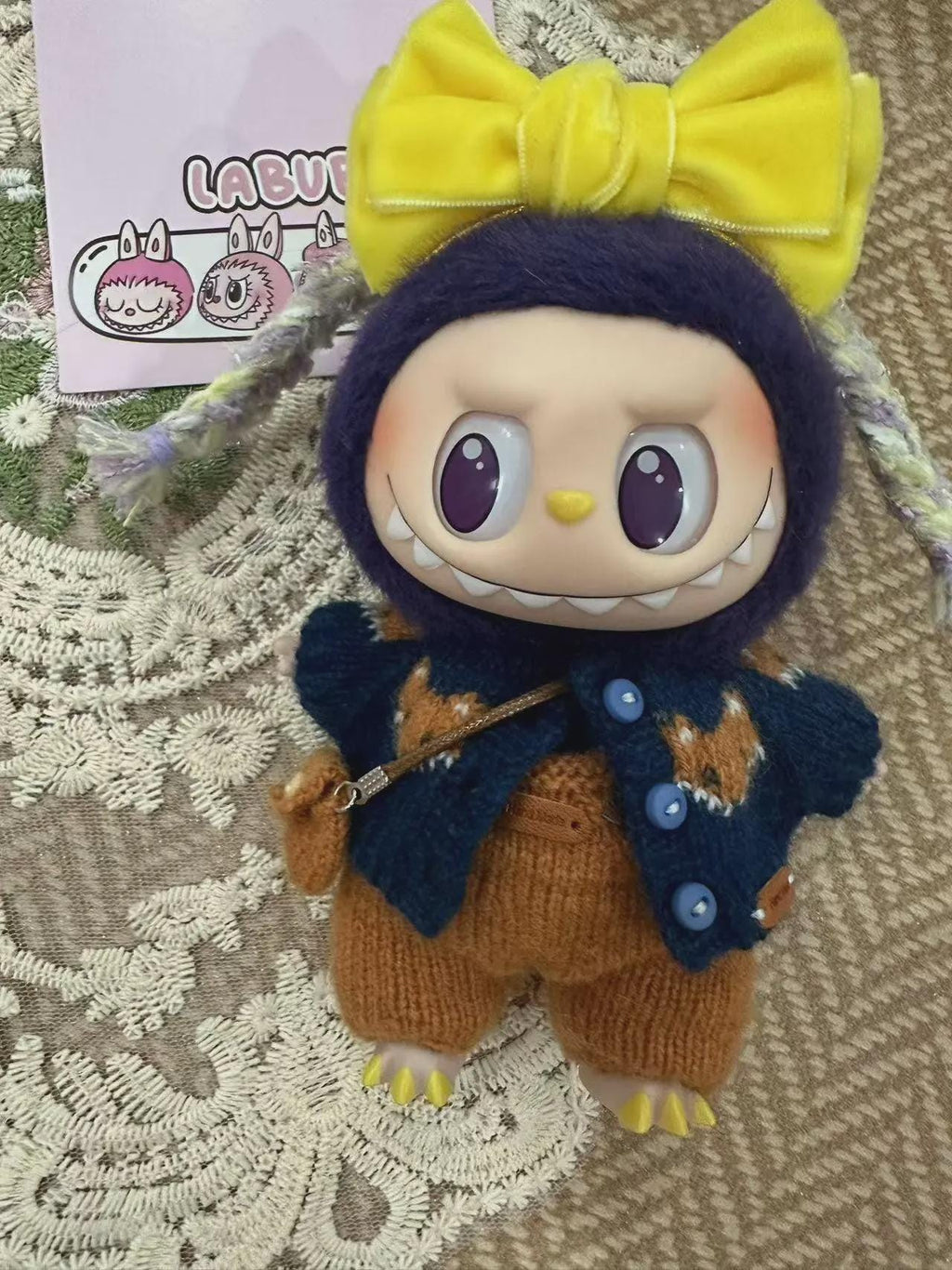 Labubu Clothes, Handmade Fox Knit, Handmade Sweater & Overalls Set, Cottagecore Labubu Outfits for 15/17cm Doll