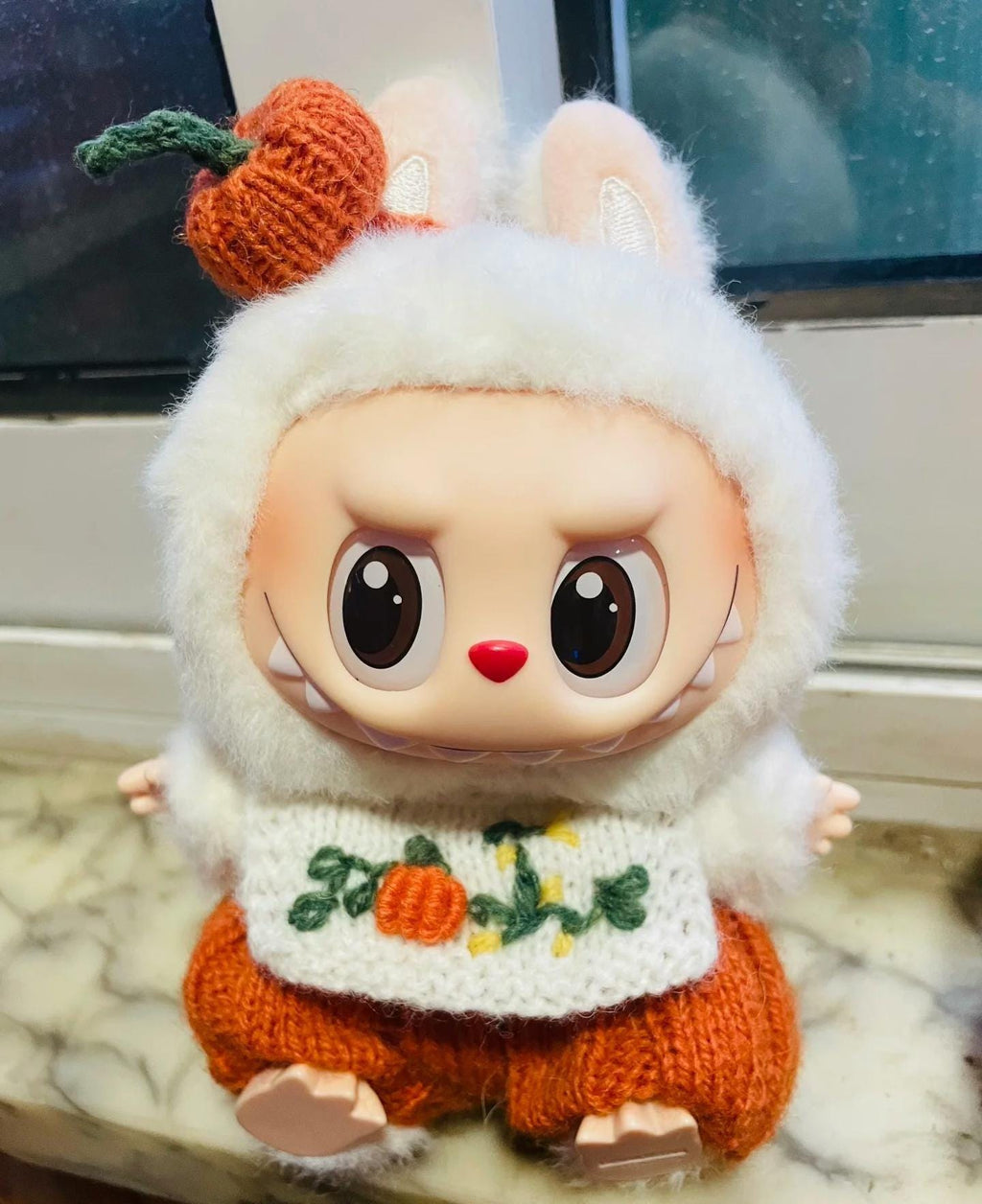 Handmade Halloween Pumpkin Knitting Labubu Clothes, Pumpkin Outfit with Hand Embroidery, fit for 15/17cm Labubu Outfits