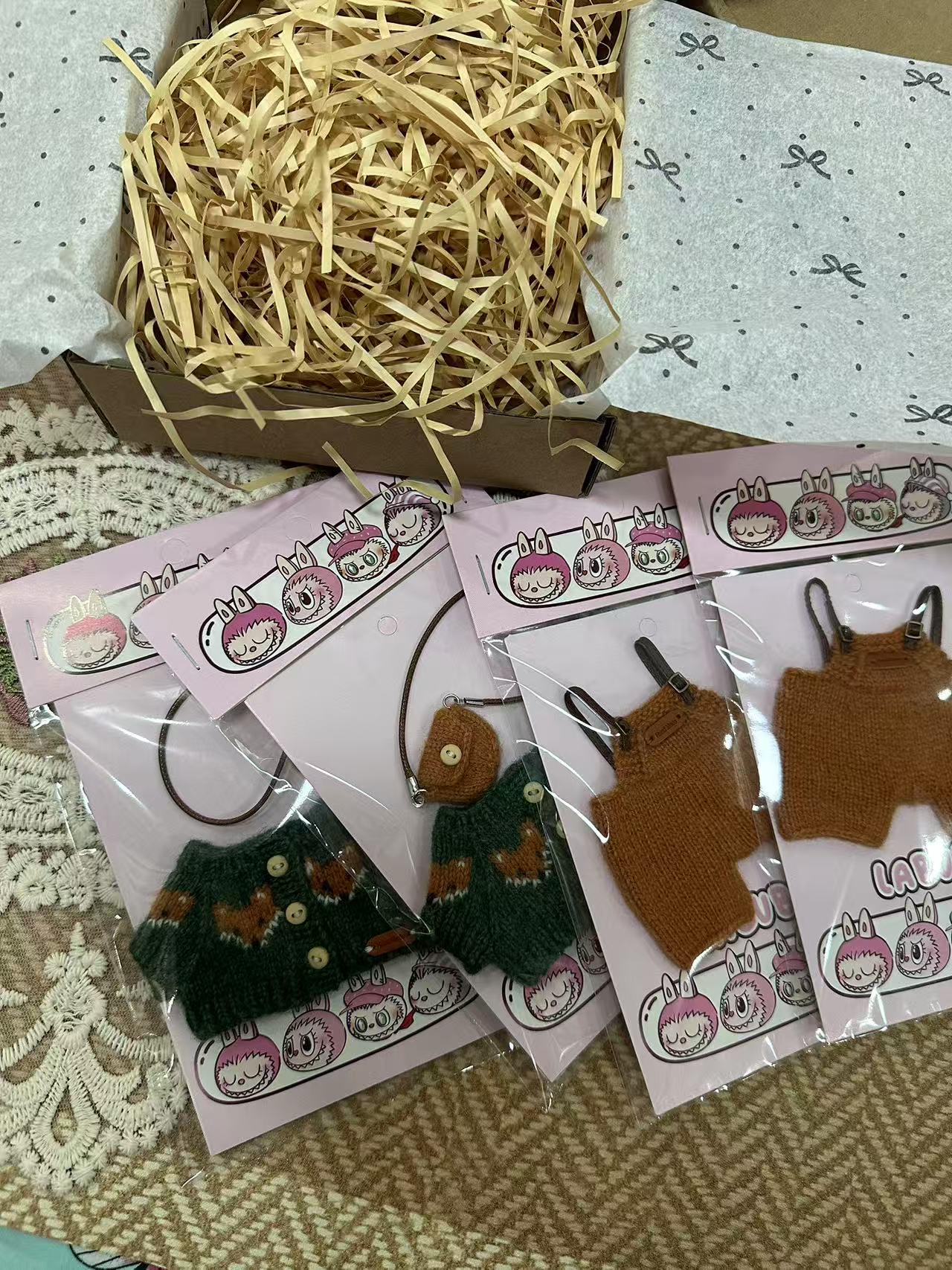 Labubu Clothes, Handmade Fox Knit, Handmade Sweater & Overalls Set, Cottagecore Labubu Outfits for 15/17cm Doll