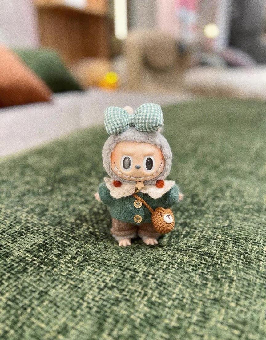 Labubu Clothes, Handmade Woodland Picnic Knit Cardigan Labubu Cloth Set, Cottagecore Labubu Outfits for 15/17cm Labubu, 5pc overall set