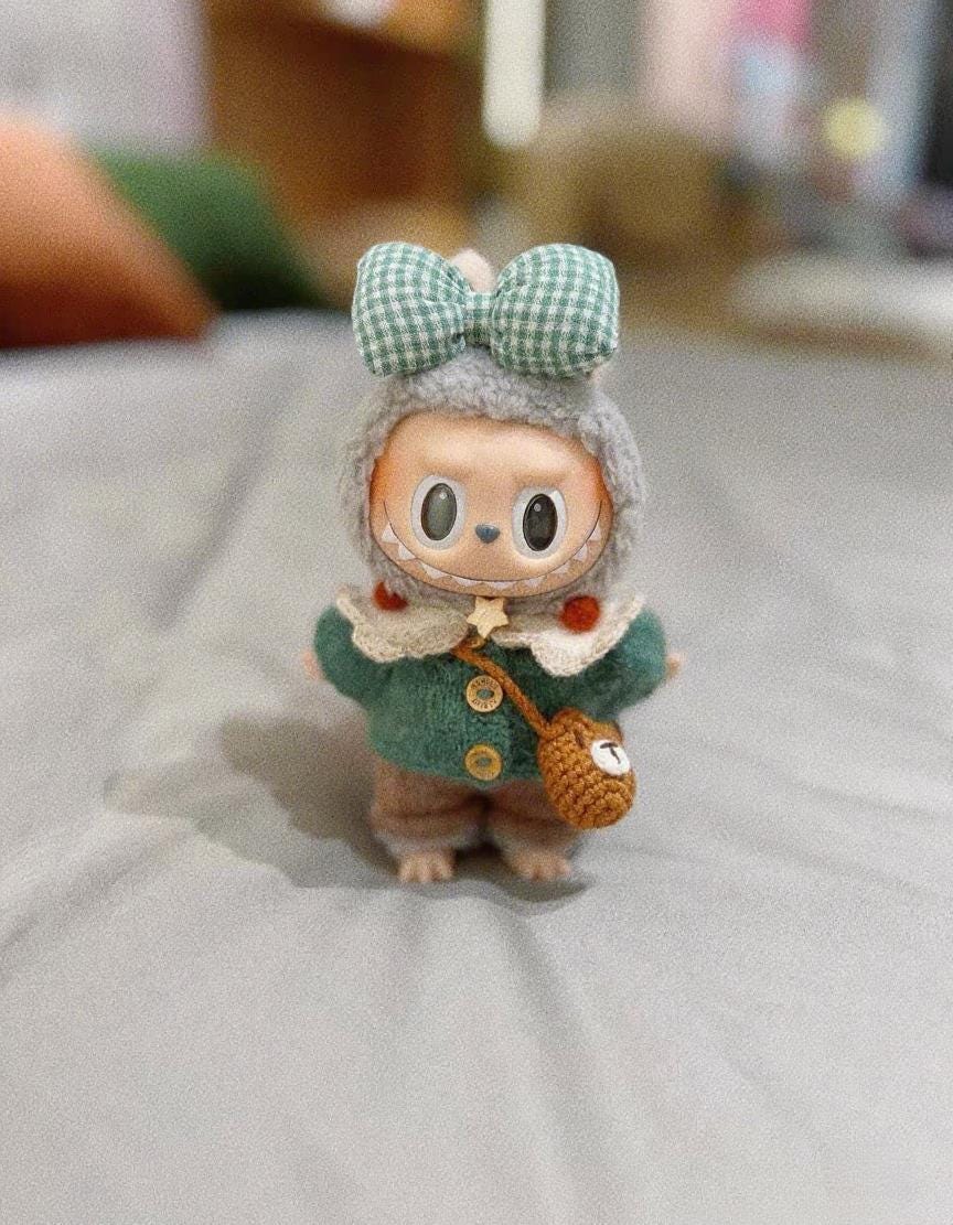 Labubu Clothes, Handmade Woodland Picnic Knit Cardigan Labubu Cloth Set, Cottagecore Labubu Outfits for 15/17cm Labubu, 5pc overall set