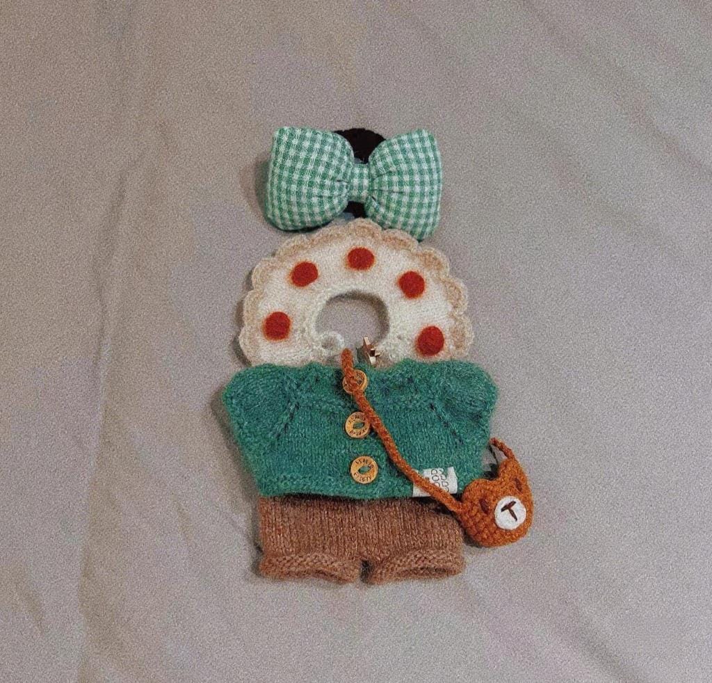 Labubu Clothes, Handmade Woodland Picnic Knit Cardigan Labubu Cloth Set, Cottagecore Labubu Outfits for 15/17cm Labubu, 5pc overall set