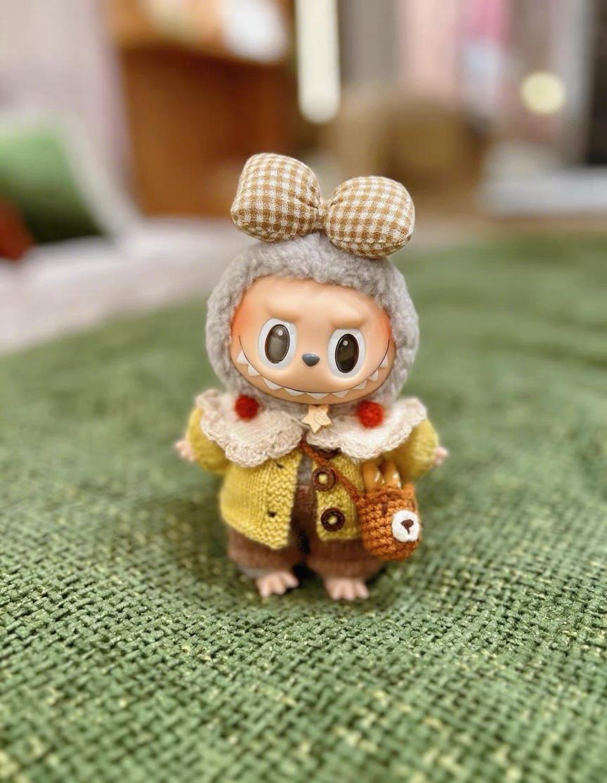 Labubu Clothes, Handmade Woodland Picnic Knit Cardigan Labubu Cloth Set, Cottagecore Labubu Outfits for 15/17cm Labubu, 5pc overall set