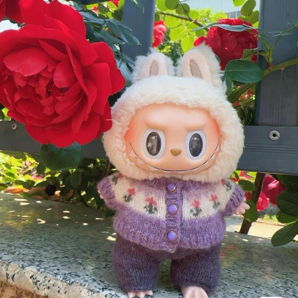 Labubu Clothes, Handmade Vintage Floral Knit, Hand-Knit Cardigan Set, Cottagecore Labubu Outfits for 15/17cm Doll