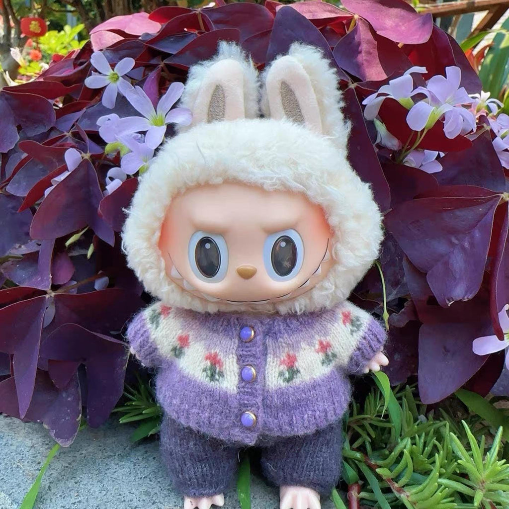 Labubu Clothes, Handmade Vintage Floral Knit, Hand-Knit Cardigan Set, Cottagecore Labubu Outfits for 15/17cm Doll