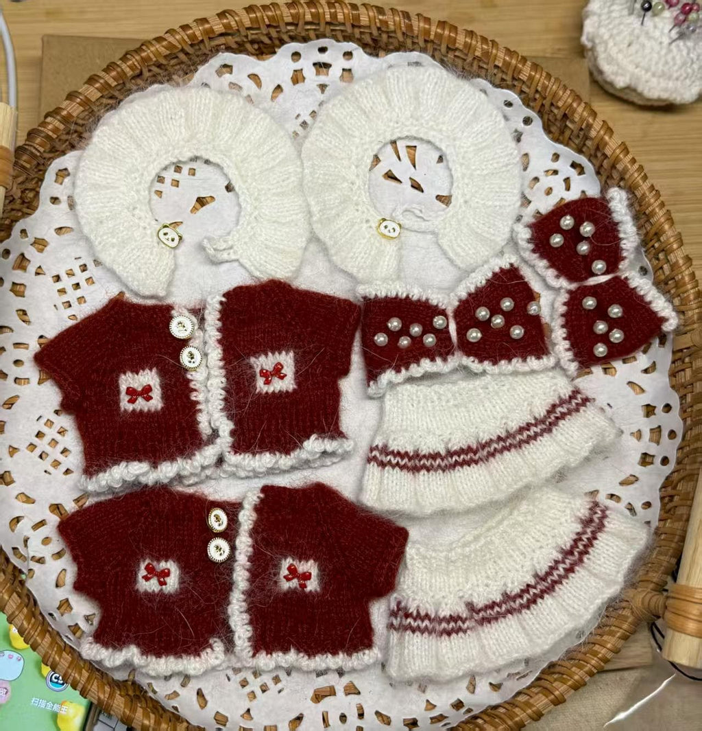 Handmade Labubu Clothes, Holiday Pearl Labubu Set, Hand-Knit Elegant Bow Set, Christmas Labubu Outfits for 15/17cm Doll