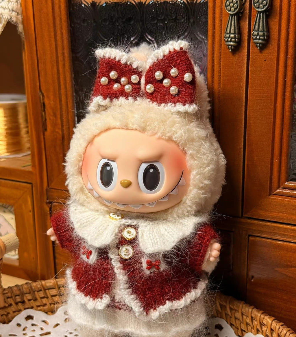 Handmade Labubu Clothes, Holiday Pearl Labubu Set, Hand-Knit Elegant Bow Set, Christmas Labubu Outfits for 15/17cm Doll