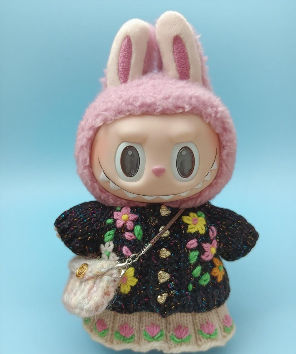 Labubu Clothes, Handmade Sparkle Night Garden Clothes, Hand-Embroidered Sparkle Sweater, Floral Labubu Outfits for 15/17cm Doll
