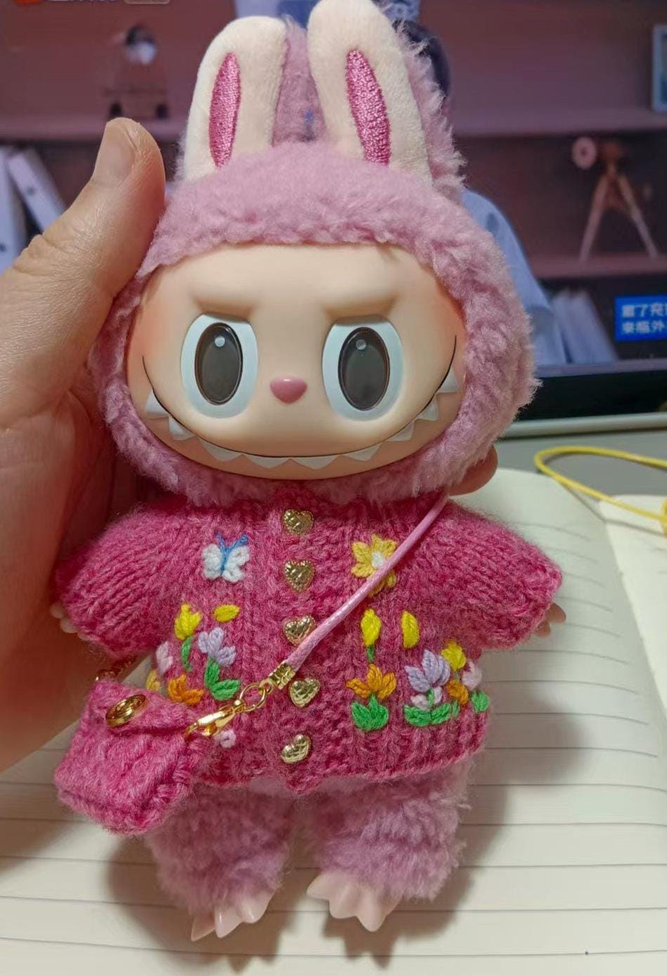 Labubu Clothes, Handmade Sparkle Night Garden Clothes, Hand-Embroidered Sparkle Sweater, Floral Labubu Outfits for 15/17cm Doll