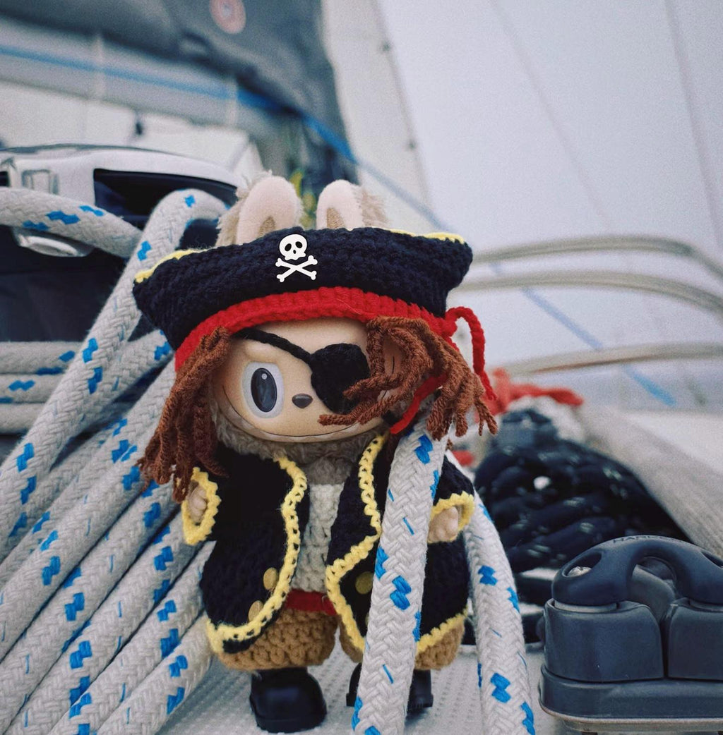 Labubu Clothes, Handmade Pirate Labubu Outfits, Artisan Crochet Captain Outfit, Tricorn Hat & Eye Patch Set for 15/17cm Labubu, 8 pcs set