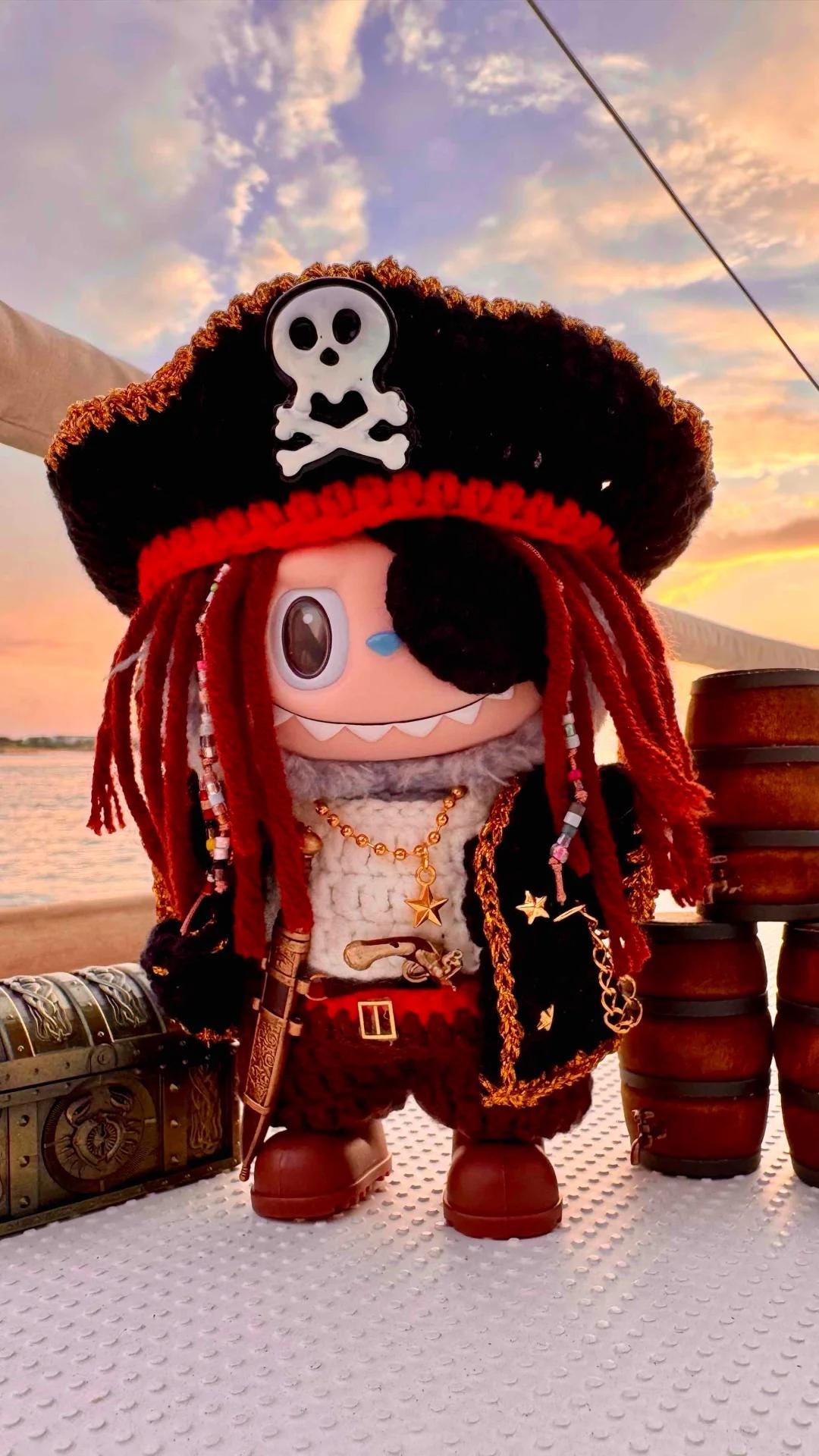 Labubu Clothes, Handmade Pirate Labubu Outfits, Artisan Crochet Captain Outfit, Tricorn Hat & Eye Patch Set for 15/17cm Labubu, 8 pcs set