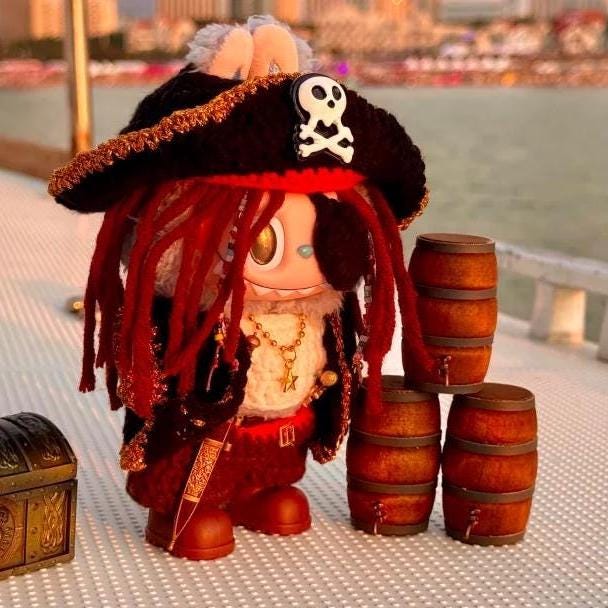 Labubu Clothes, Handmade Pirate Labubu Outfits, Artisan Crochet Captain Outfit, Tricorn Hat & Eye Patch Set for 15/17cm Labubu, 8 pcs set
