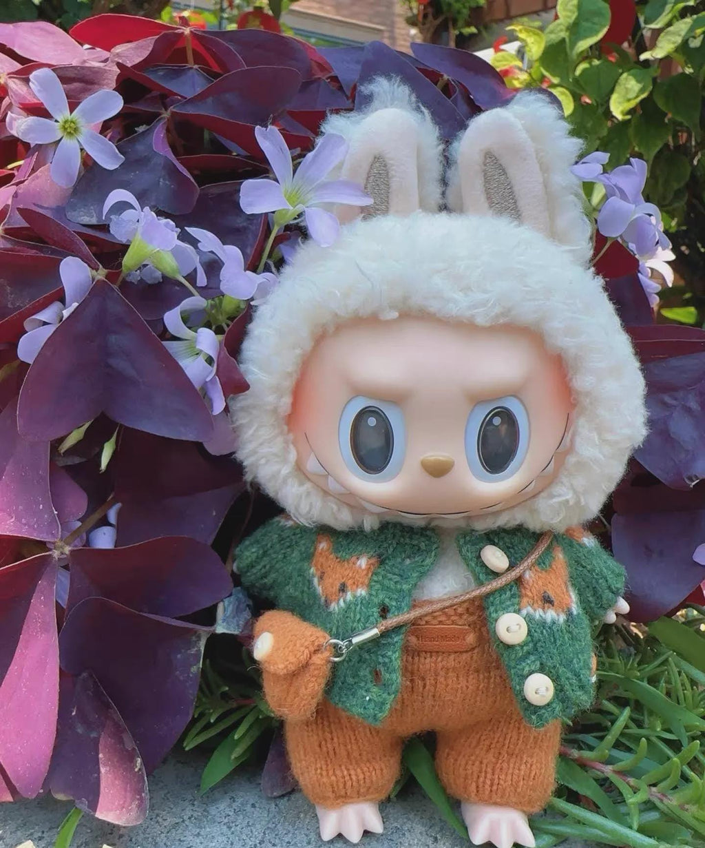 Labubu Clothes, Handmade Fox Knit, Handmade Sweater & Overalls Set, Cottagecore Labubu Outfits for 15/17cm Doll
