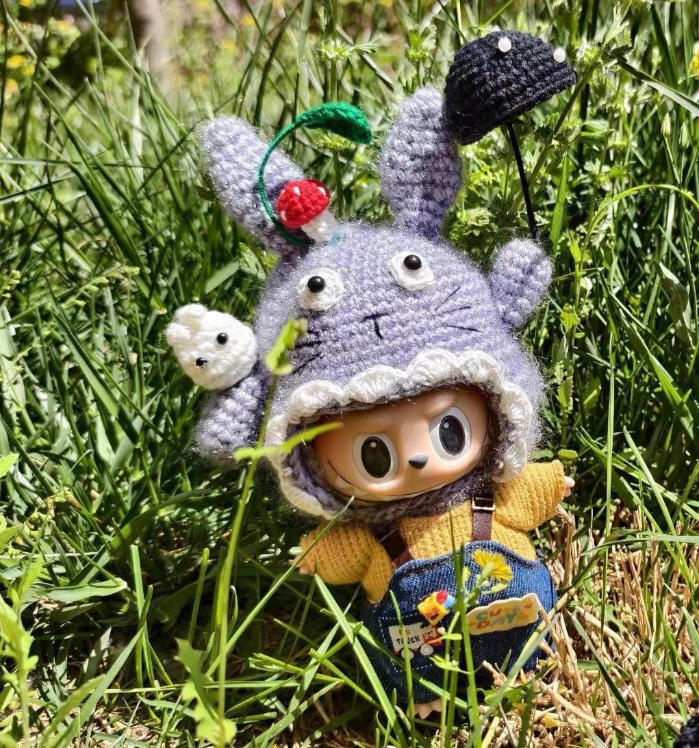 Labubu Clothes, Forest Spirit Doll Hat, Crochet Anime Inspired Diorama, Handmade Art Toy Accessory, Woodland Creature Outfits