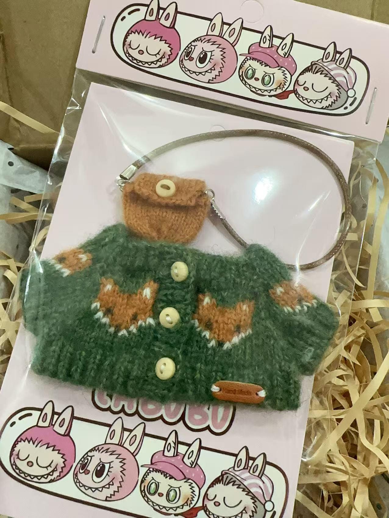 Labubu Clothes, Handmade Fox Knit, Handmade Sweater & Overalls Set, Cottagecore Labubu Outfits for 15/17cm Doll