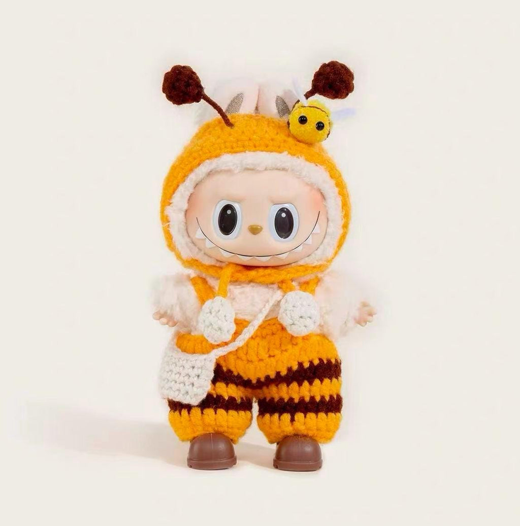 Hand-Crocheted Bumblebee Labubu Clothes: Overalls, Bonnet, Shoes & Pouch