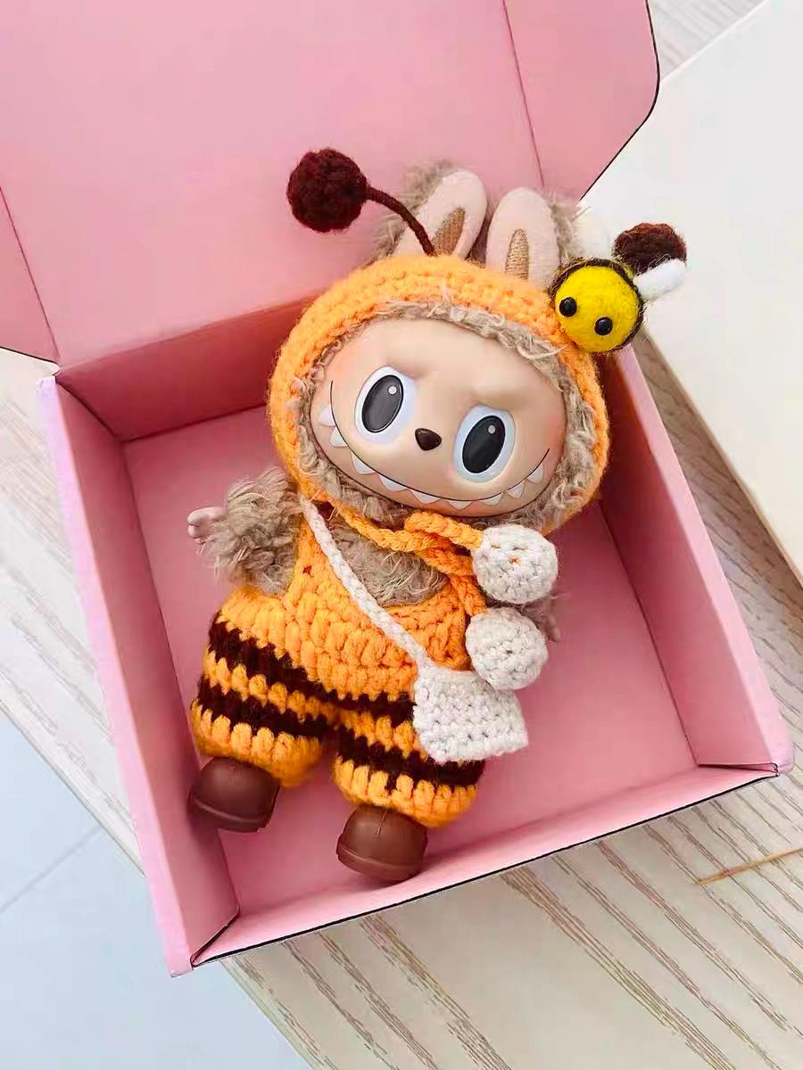 Hand-Crocheted Bumblebee Labubu Clothes: Overalls, Bonnet, Shoes & Pouch