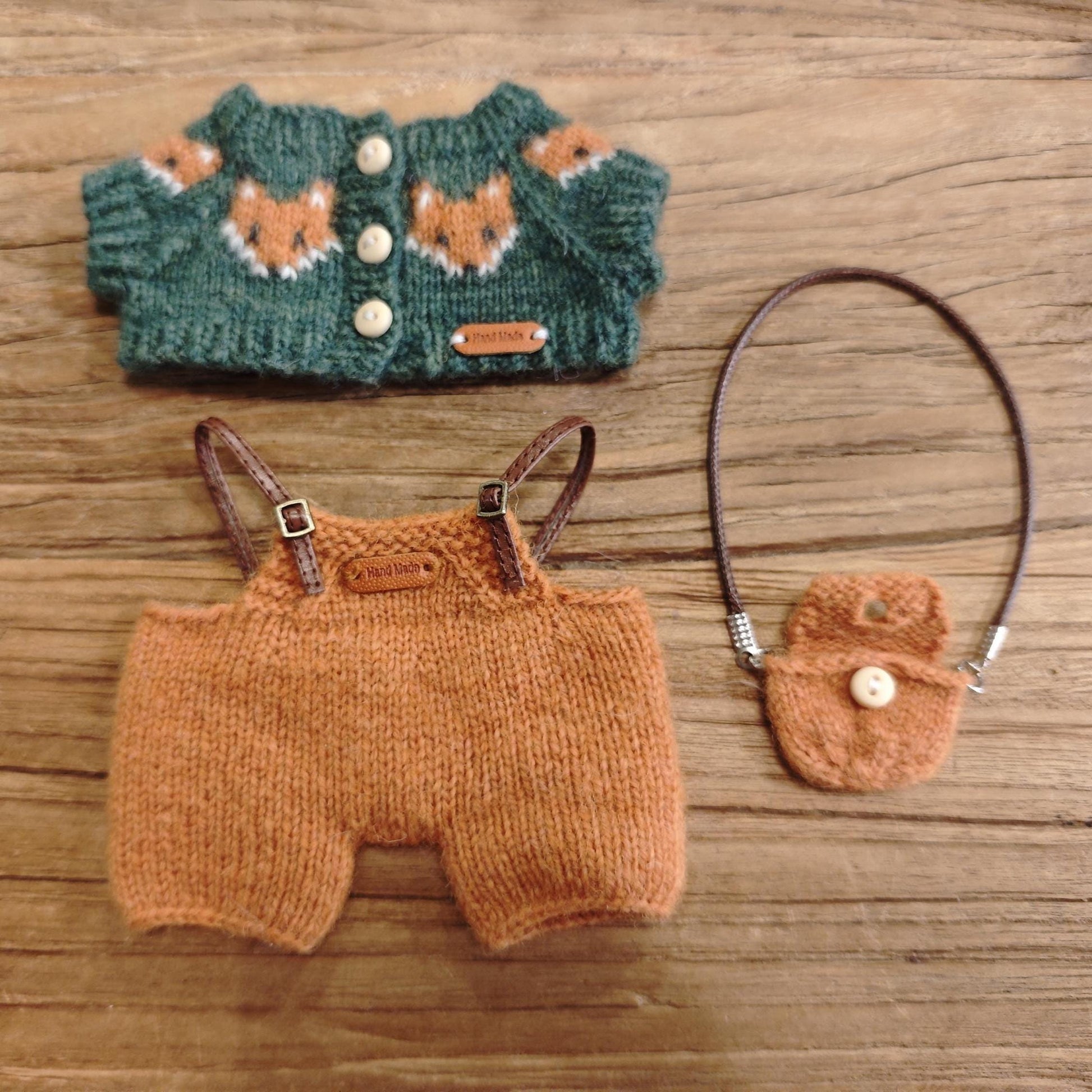 Labubu Clothes, Handmade Fox Knit, Handmade Sweater & Overalls Set, Cottagecore Labubu Outfits for 15/17cm Doll
