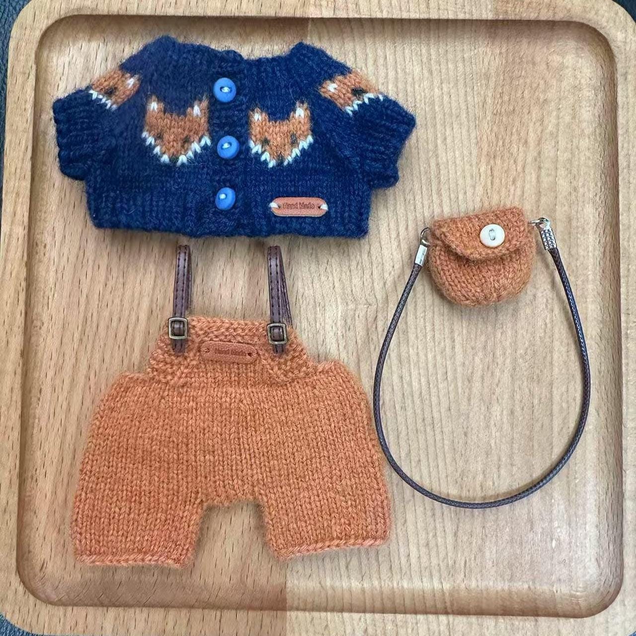 Labubu Clothes, Handmade Fox Knit, Handmade Sweater & Overalls Set, Cottagecore Labubu Outfits for 15/17cm Doll