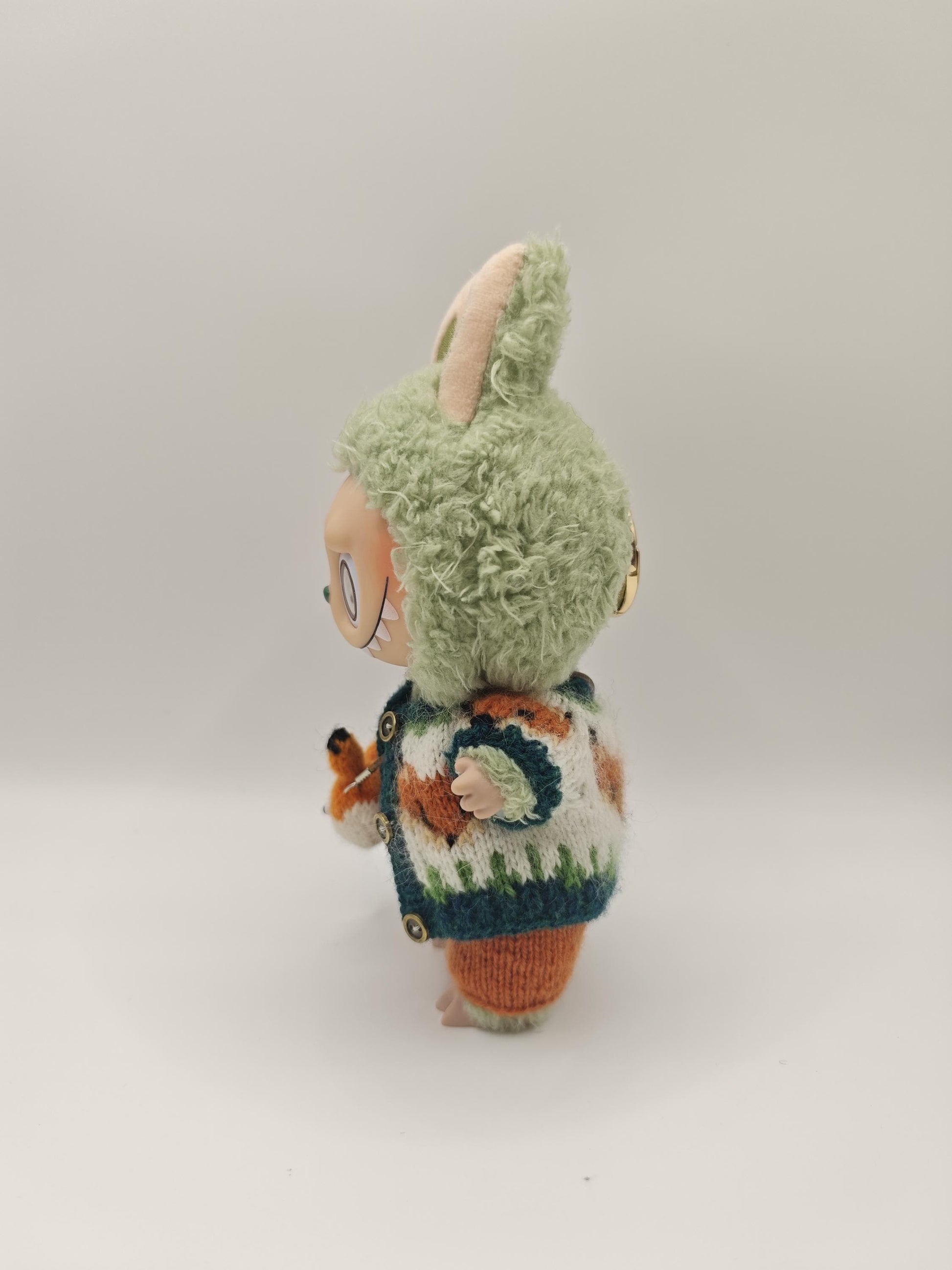 Hand Knit Fox Labubu Outfit: Woodland Sweater & Overalls Set