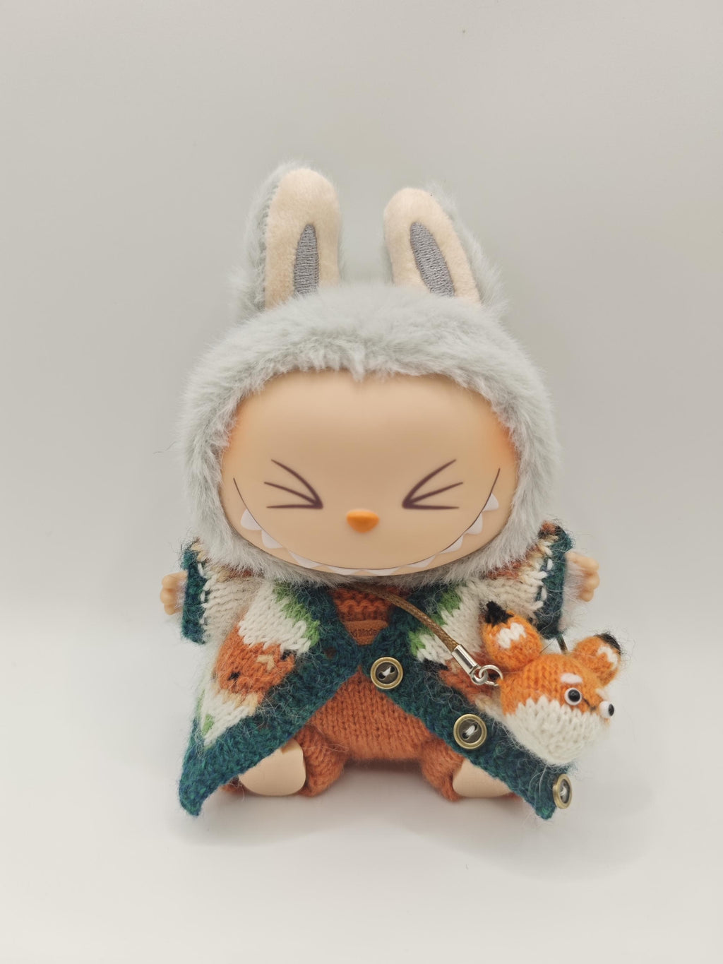 Hand Knit Fox Labubu Outfit: Woodland Sweater & Overalls Set