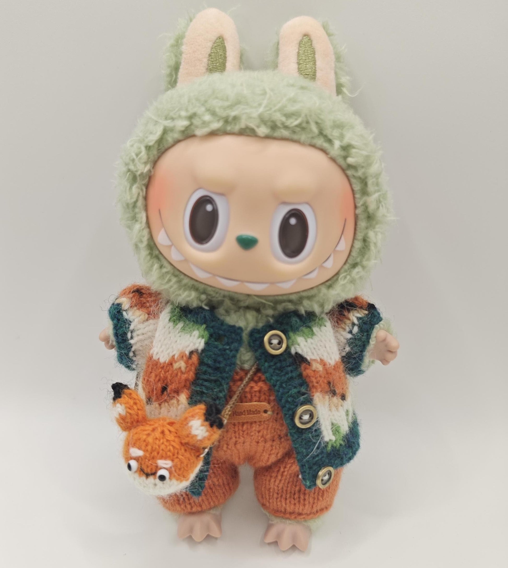 Hand Knit Fox Labubu Outfit: Woodland Sweater & Overalls Set
