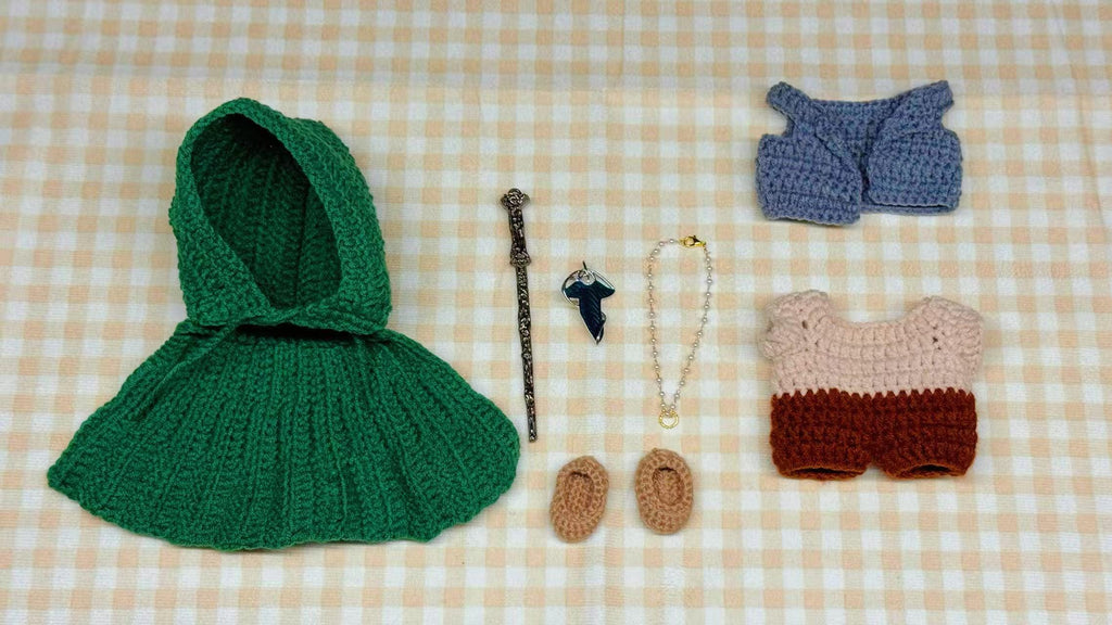Handmade Labubu Clothes, 7pc Fantasy Adventurer Labubu Doll Clothes, Crochet Hooded Cloak & Vest Set for 15/17cm Labubu Outfits