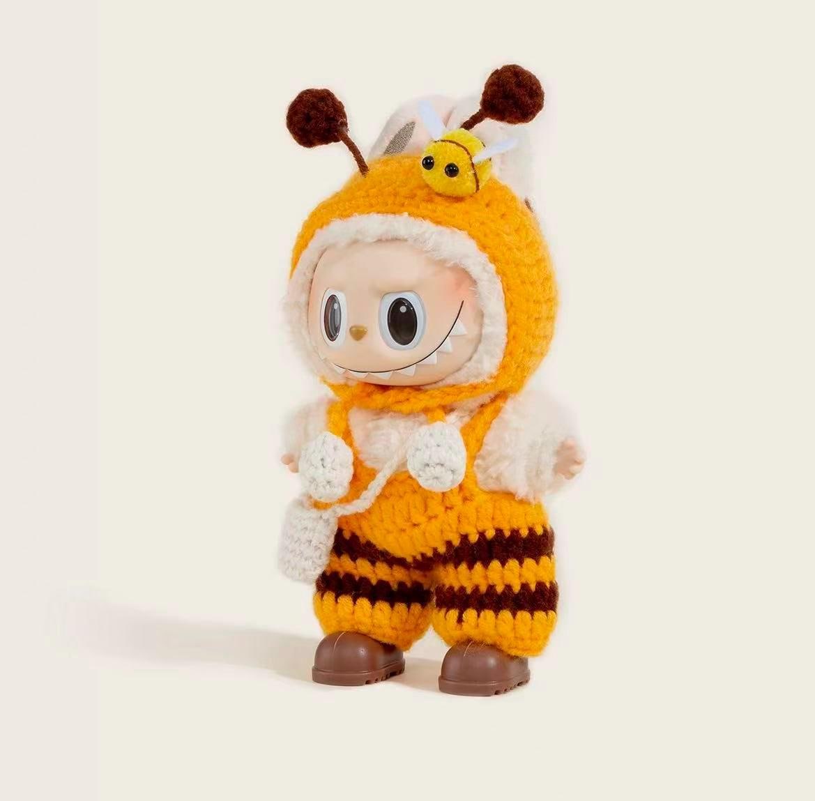 Hand-Crocheted Bumblebee Labubu Clothes: Overalls, Bonnet, Shoes & Pouch
