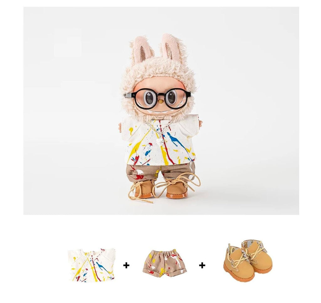 Art Studio Labubu Clothes: Paint Splatter Outfit with Boots (15/17cm Doll)